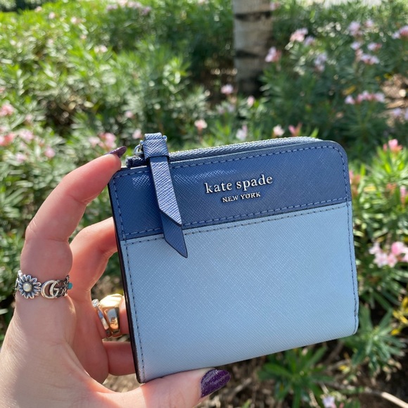 Kate Spade Light Blue & Navy Two Toned Safiano Leather Compact Wallet - Picture 11 of 14
